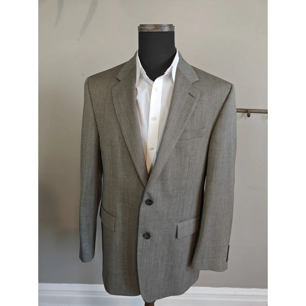 Chaps Mens Wool Blazer 42L Taupe Herringbone 2 Button Sports Coat R804